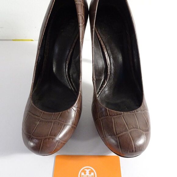 Tory Burch Brown Leather Faux Crock Platform Pumps Sz 6.5 - Picture 11 of 13